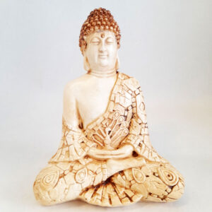Figura Buda Mudra Meditación con Manto de Pavo Real Añejo