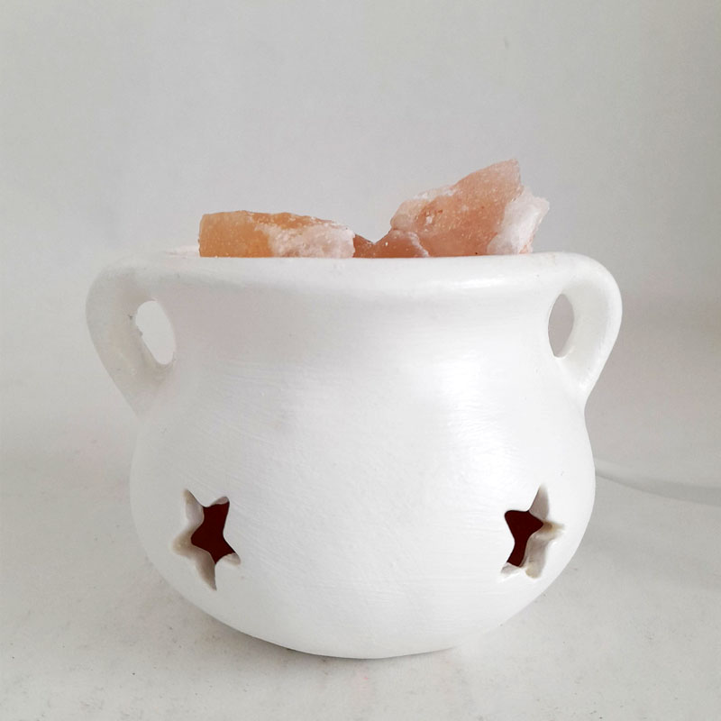 Lámpara de Sal del Himalaya Rústica Caldero Chico con Estrellas Blanco