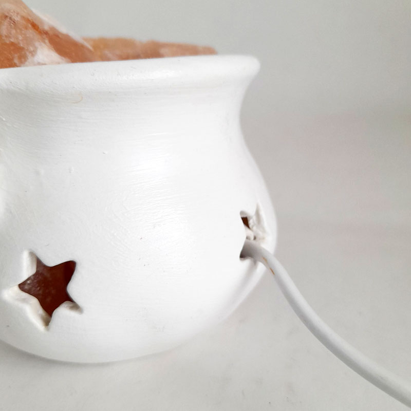 Lámpara de Sal del Himalaya Rústica Caldero Chico con Estrellas Blanco