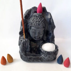 Fuente de Humo Buda Gris Porta Sahumerio Porta Vela + 5 conitos