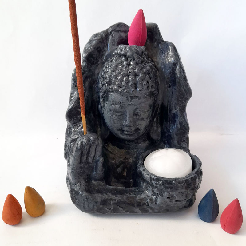 Fuente de Humo Buda Gris Porta Sahumerio Porta Vela + 5 conitos