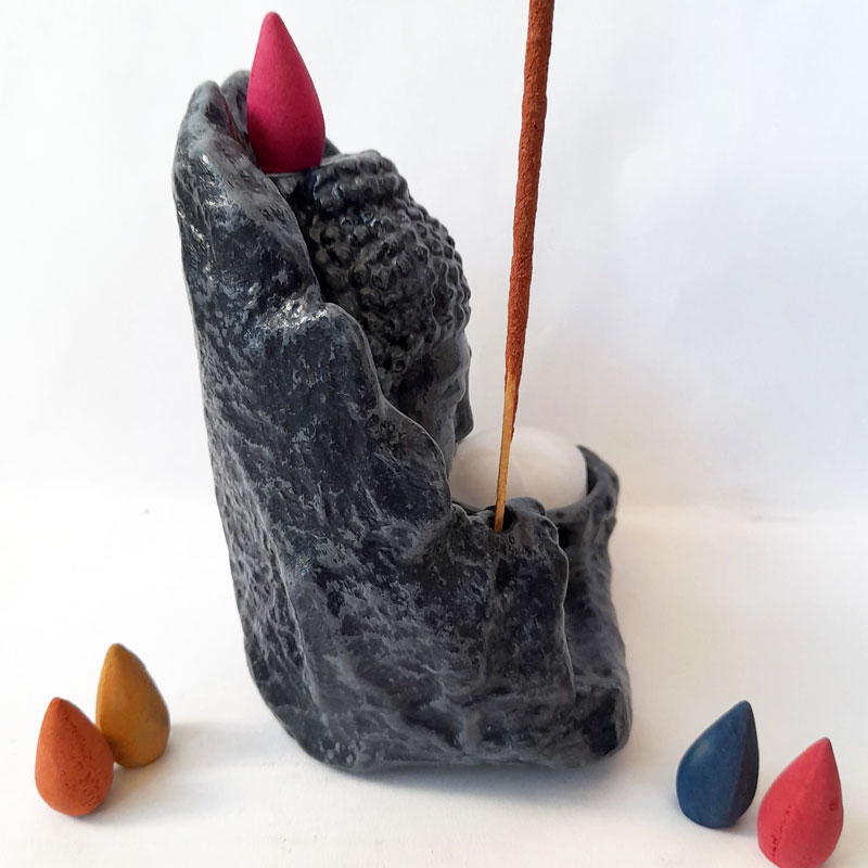 Fuente de Humo Buda Gris Porta Sahumerio Porta Vela + 5 conitos