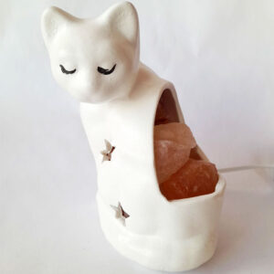 Lámpara de Sal del Himalaya Gato con Estrellas Blanco