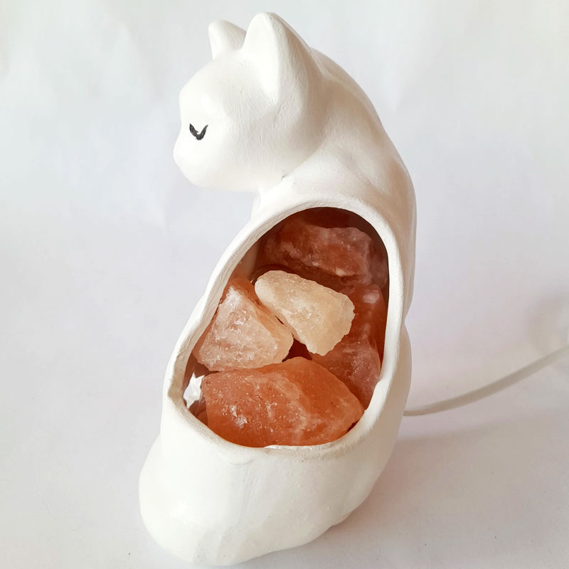 Lámpara de Sal del Himalaya Gato con Estrellas Blanco