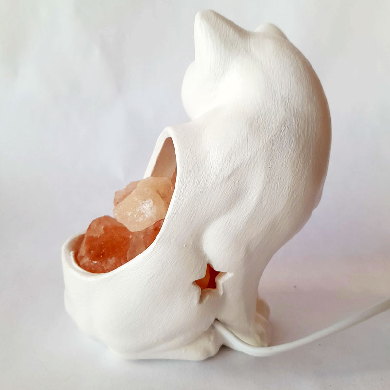 Lámpara de Sal del Himalaya Gato con Estrellas Blanco