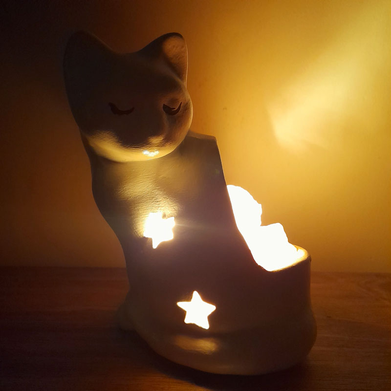 Lámpara de Sal del Himalaya Gato con Estrellas Blanco