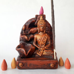Fuente de Humo Buda Mudra Dhyana Porta Sahumerio Cobre + 5 conitos